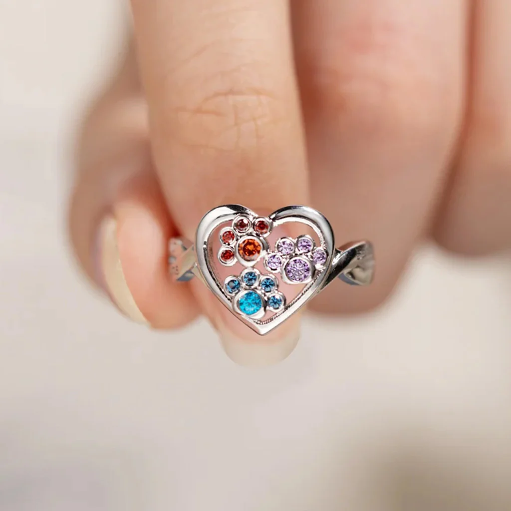 Gnoce Personalized 1-4 Paw Heart Birthstone Ring - Image 4