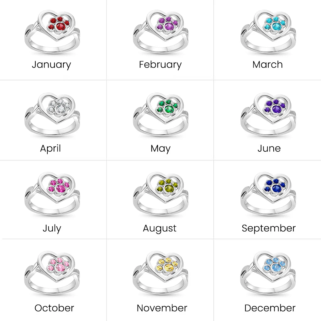 Gnoce Personalized 1-4 Paw Heart Birthstone Ring - Image 5