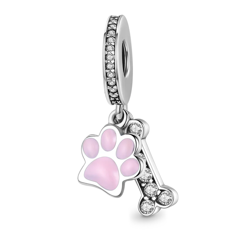 Paw & Bone Pendant Dangle Charm 925 Sterling Silver Inlaid with Crystal Gemstones