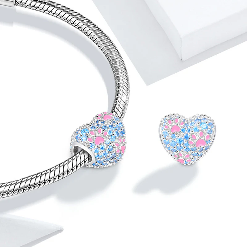 Paws Print Heart Charm Bead Platinum-plated Silver Blend - Image 4