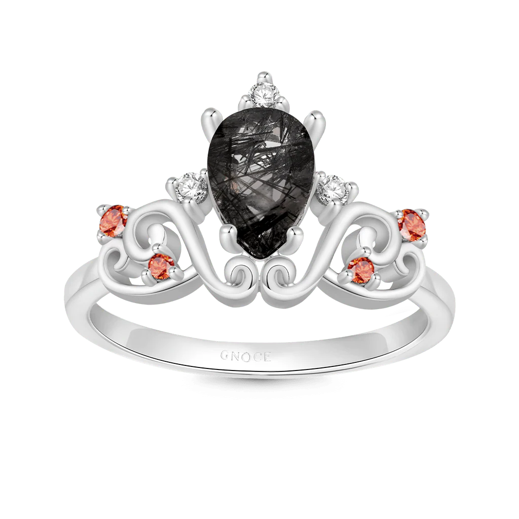 Gnoce Pear Black Rutilated Quartz Rings Platinum-plated Silver Blend - Image 3