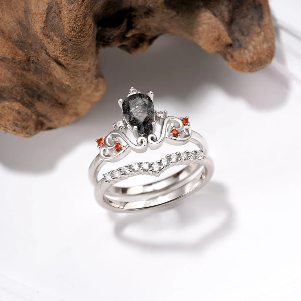 Gnoce Pear Black Rutilated Quartz Rings Platinum-plated Silver Blend - Image 5