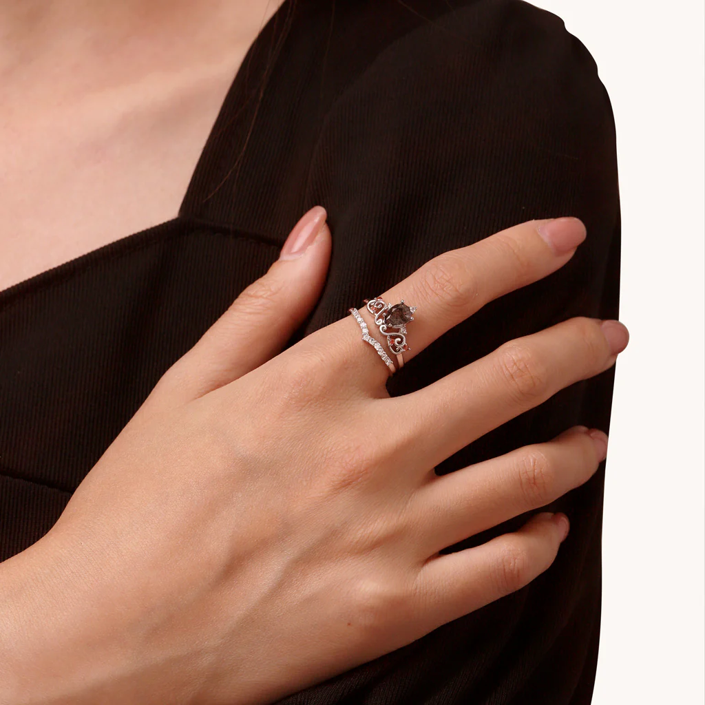 Gnoce Pear Black Rutilated Quartz Rings Platinum-plated Silver Blend - Image 6