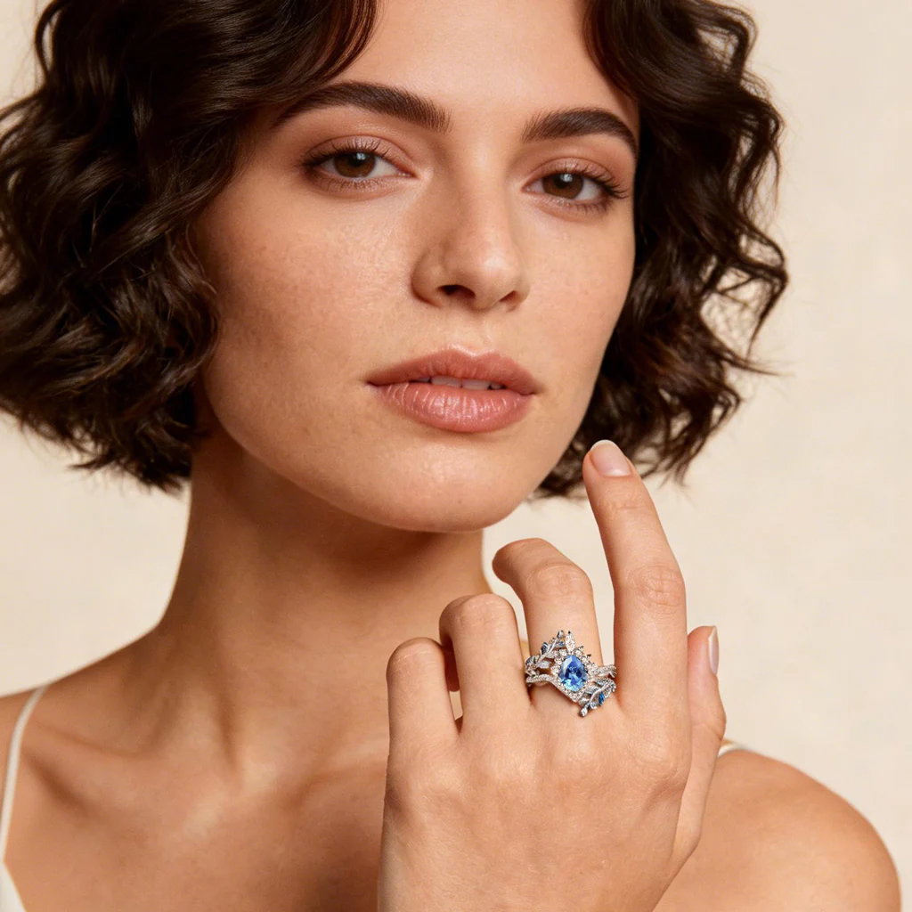 Gnoce Nature-Inspired Vine Pear-Cut Engagement Ring Set - Image 3