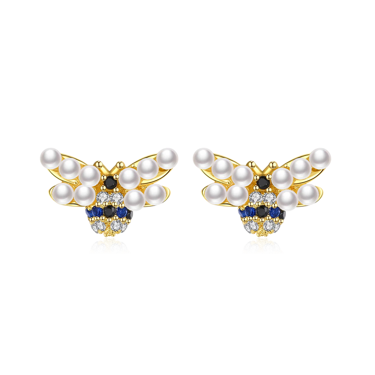 Pearl Bee Earrings Copper Inlaid Black Blue Zircons