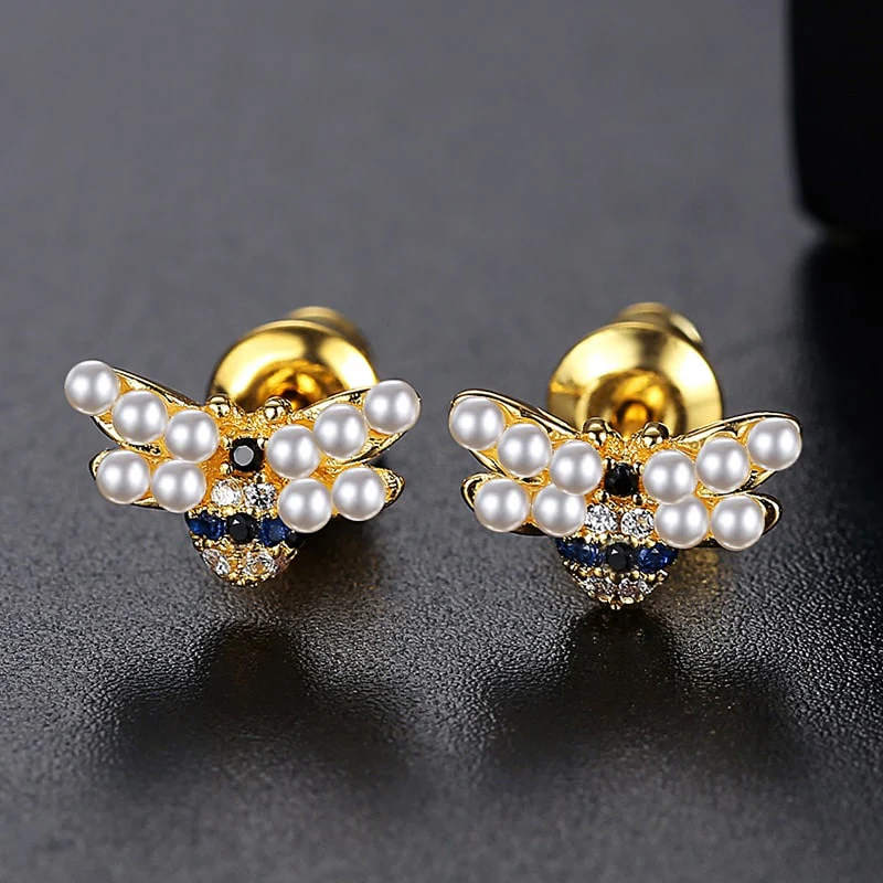Pearl Bee Earrings Copper Inlaid Black Blue Zircons - Image 2