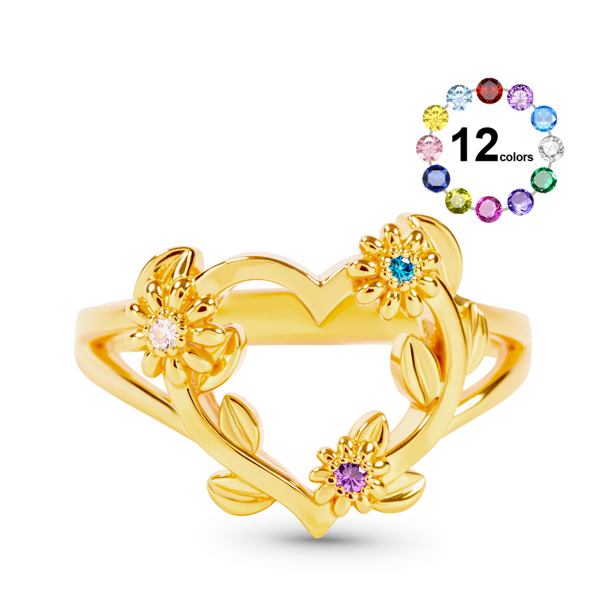 Gnoce Personalized Heart Flower Birthstone Gold Ring Custom Gift for Women