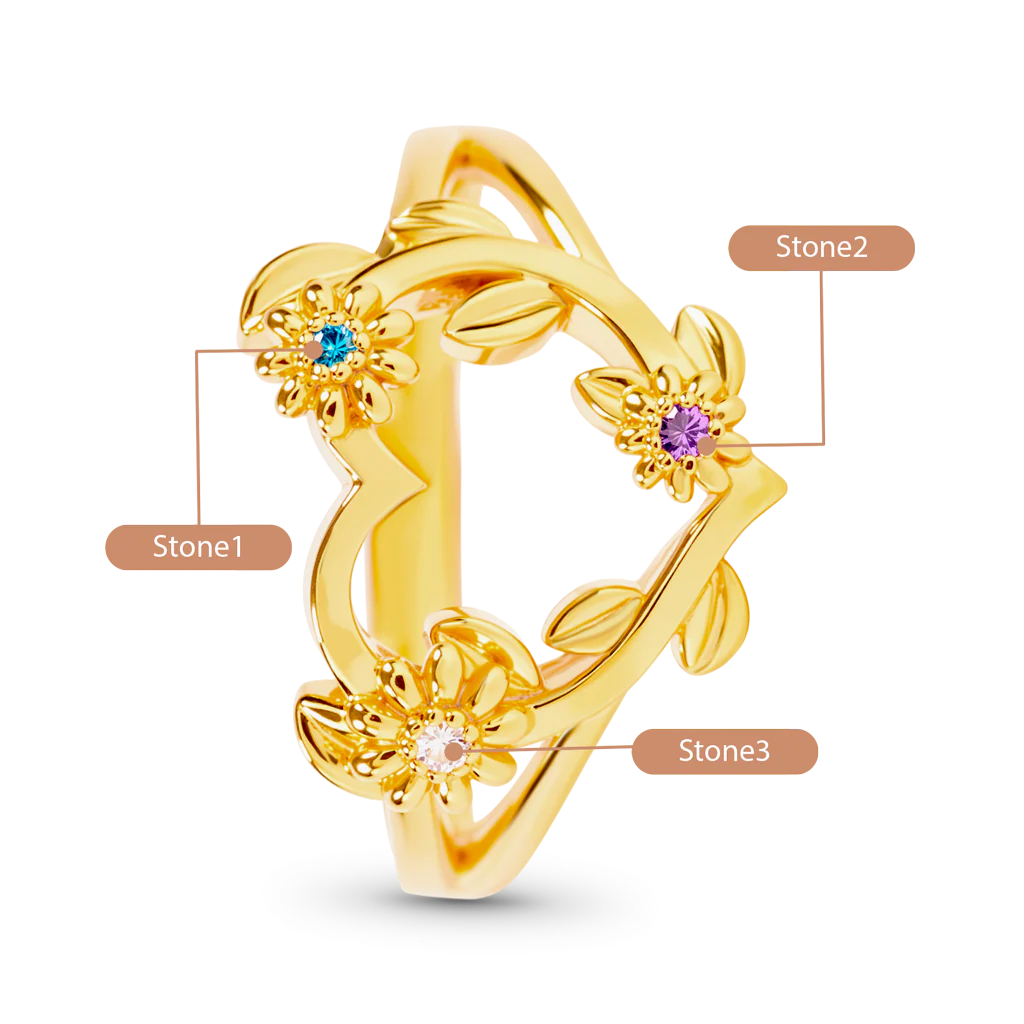 Gnoce Personalized Heart Flower Birthstone Gold Ring Custom Gift for Women - Image 3