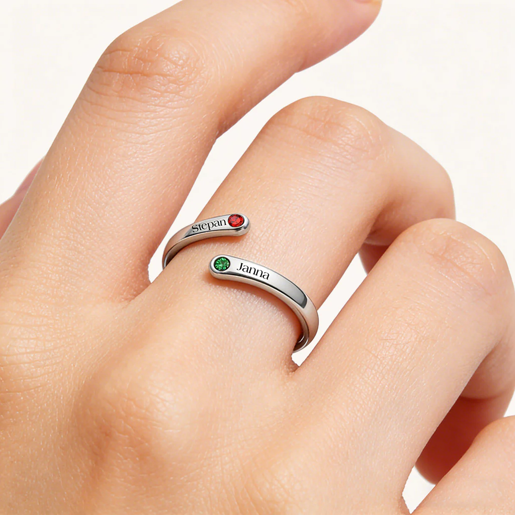 Gnoce Personalized Birthstone Ring with 2 Engravable Names - Image 2