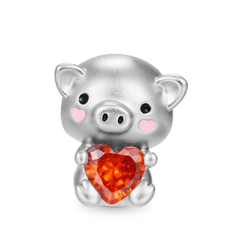 Gnoce Cute Pig Embraces Heart Gem Charm Platinum-plated Silver Blend