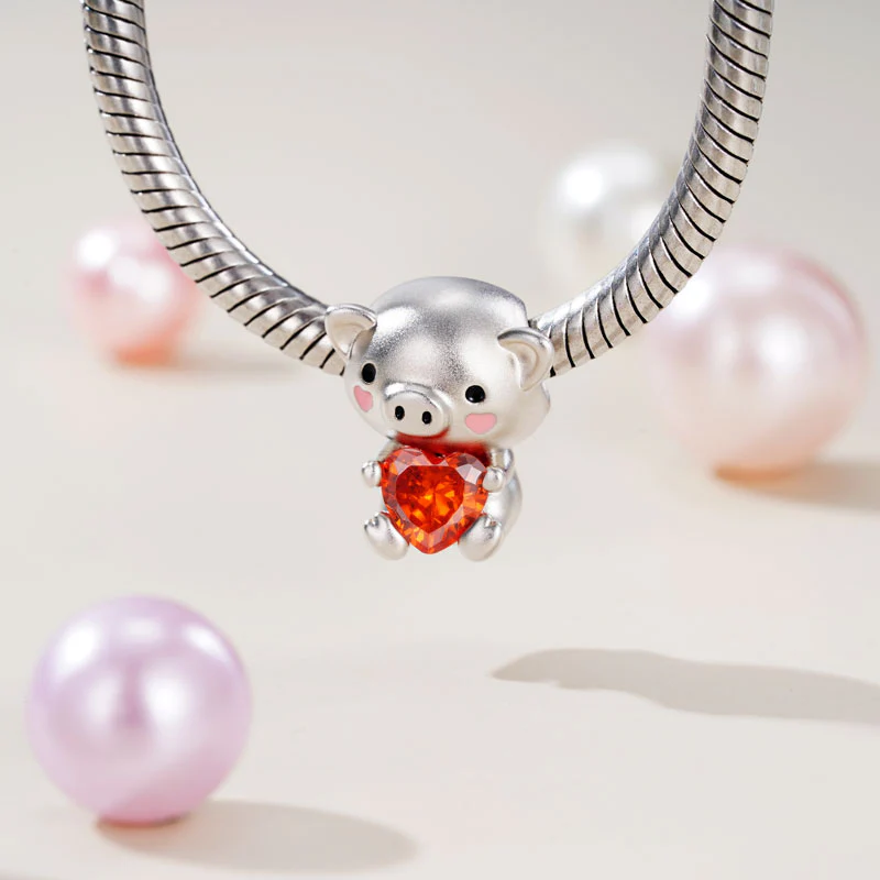 Gnoce Cute Pig Embraces Heart Gem Charm Platinum-plated Silver Blend - Image 3