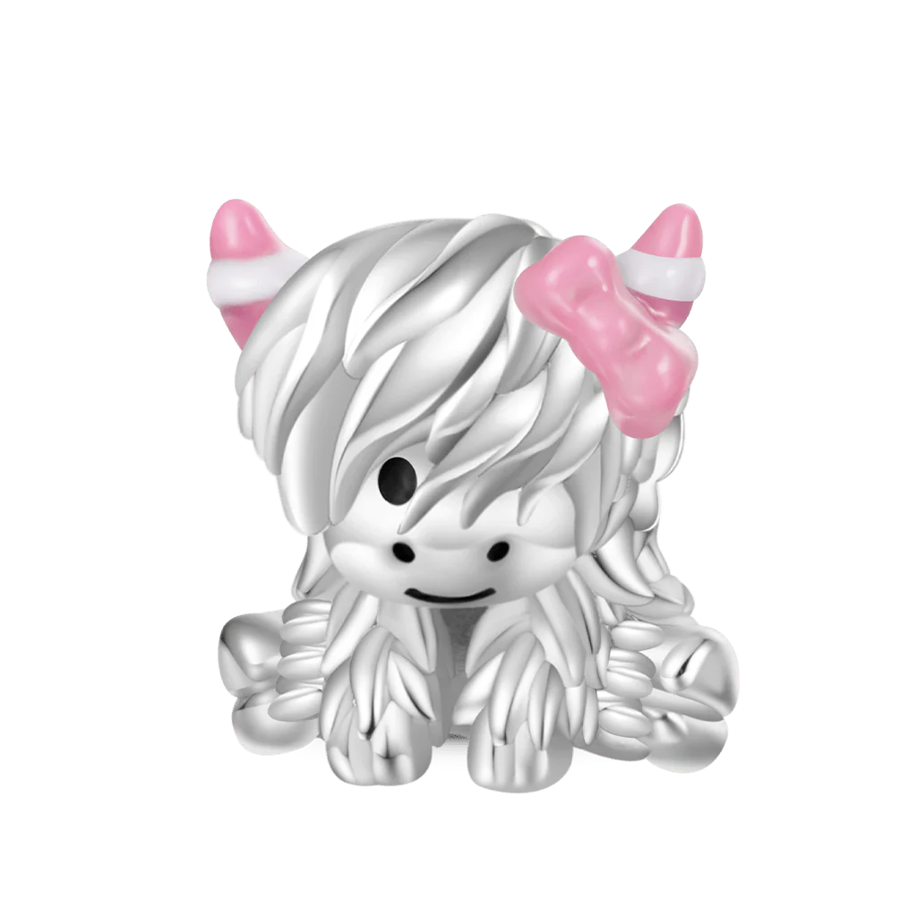 Gnoce Pink Bow Highland Cow Charm Platinum-plated Silver Blend
