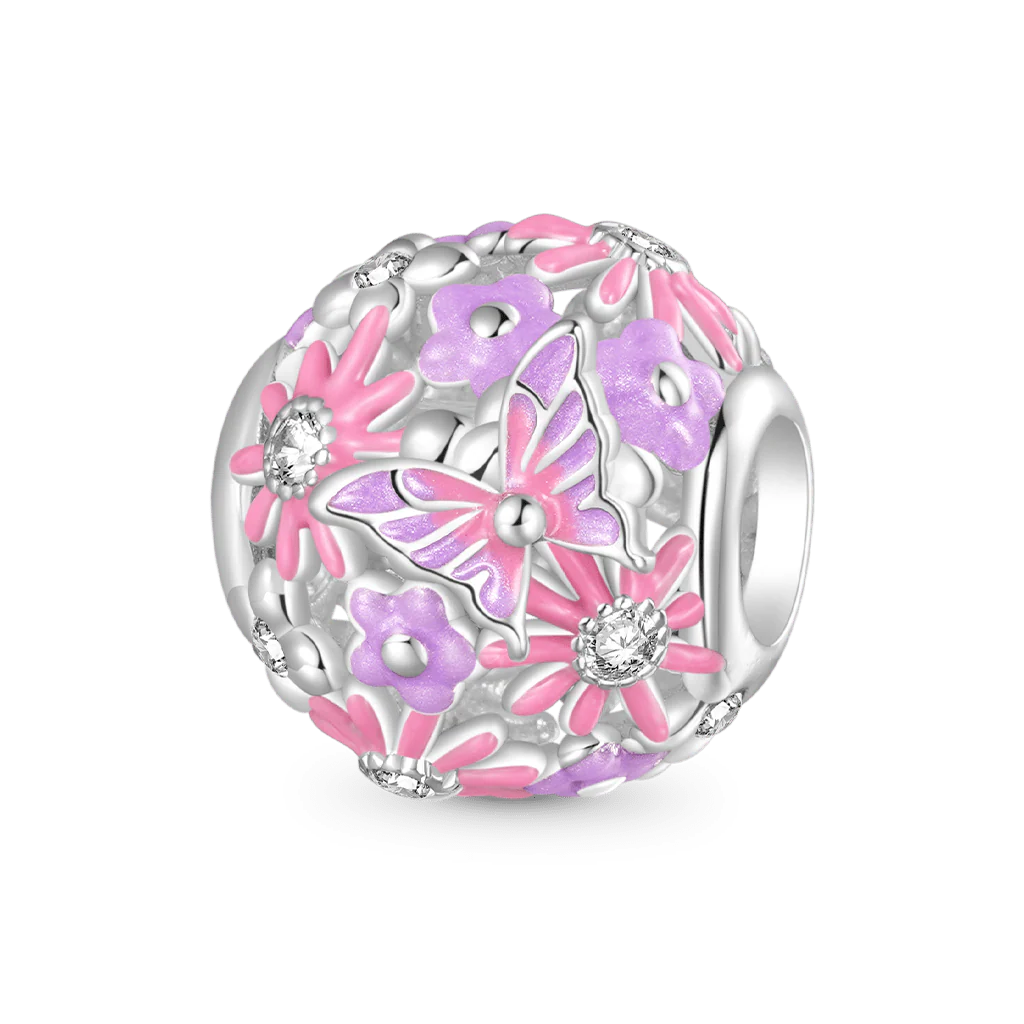 Gnoce Pink Butterfly Flower Round Charm