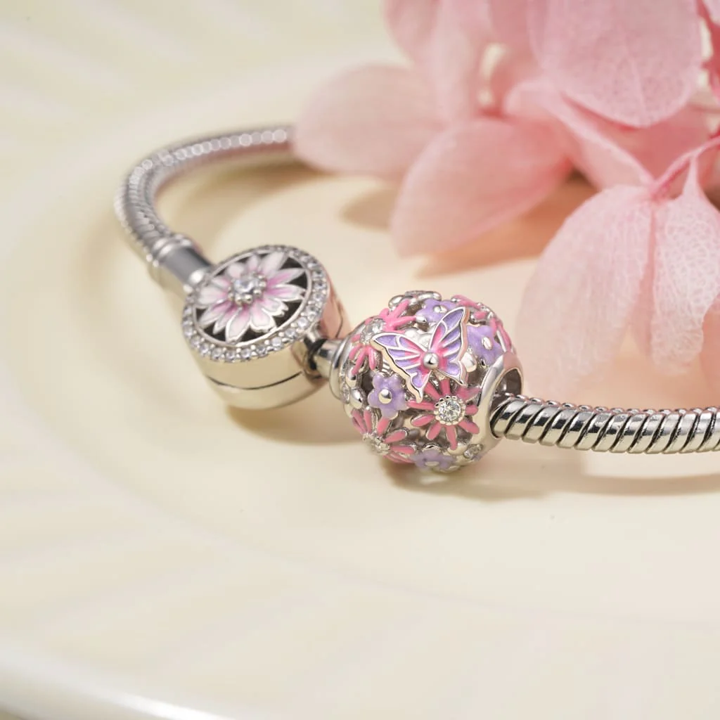 Gnoce Pink Butterfly Flower Round Charm - Image 3