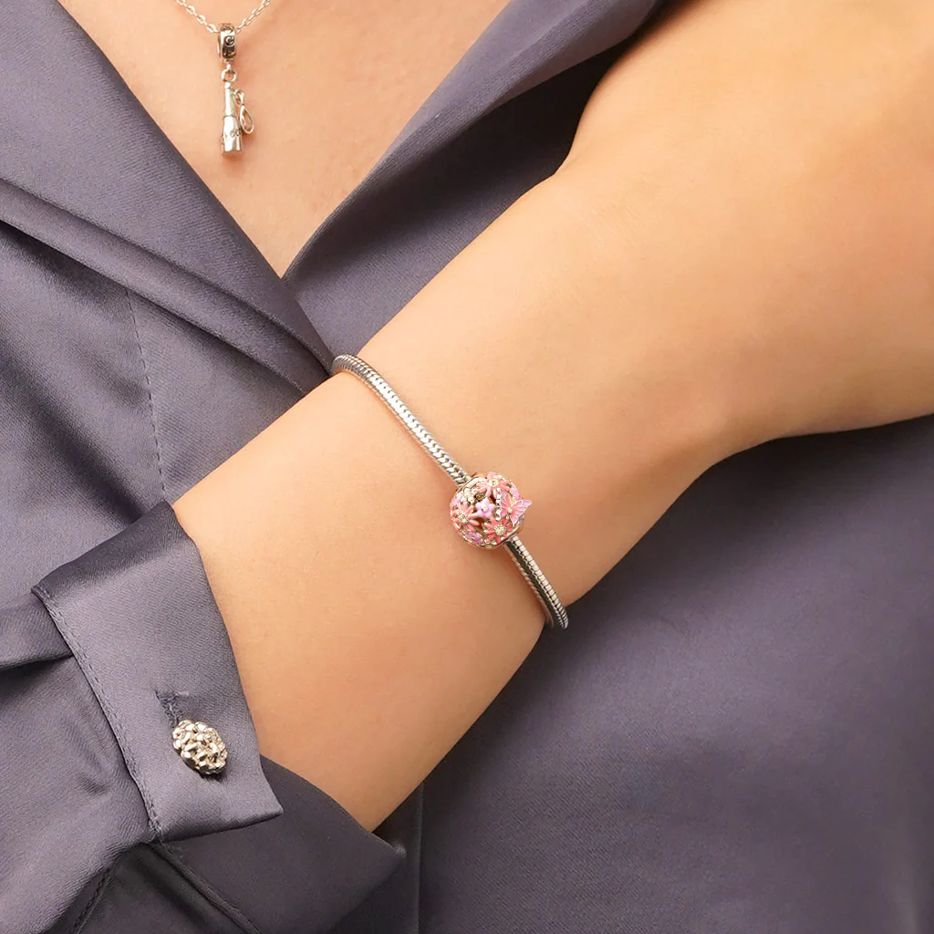 Gnoce Pink Butterfly Flower Round Charm - Image 5