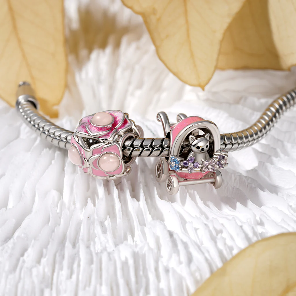 Gnoce Glow-in-the-Dark Pink Flower Ball Charm Platinum-plated Silver Blend - Image 4