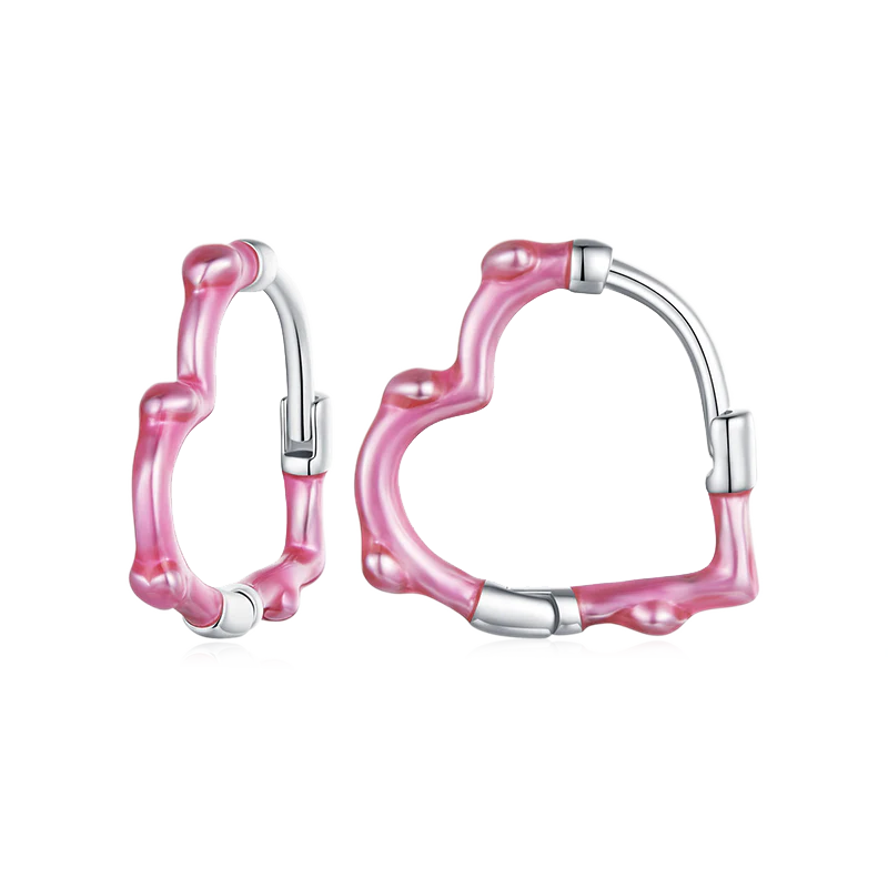 Gnoce Pink Heart Bamboo Joint Hoop Earrings