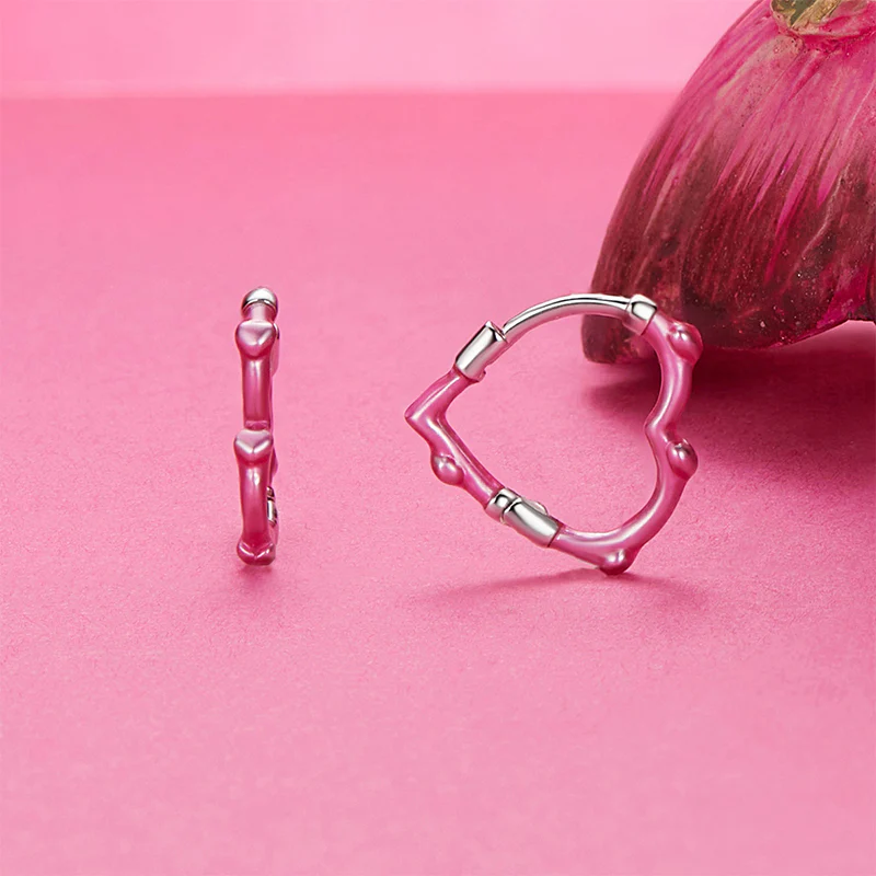 Gnoce Pink Heart Bamboo Joint Hoop Earrings - Image 2