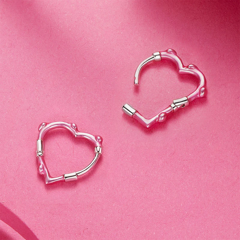 Gnoce Pink Heart Bamboo Joint Hoop Earrings - Image 3