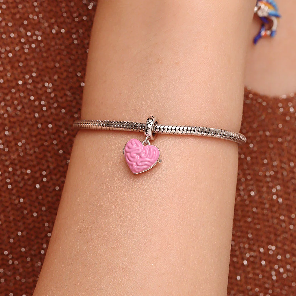 Gnoce Engravable Pink Heart-shape Brain Charm Platinum-plated Silver Blend - Image 7