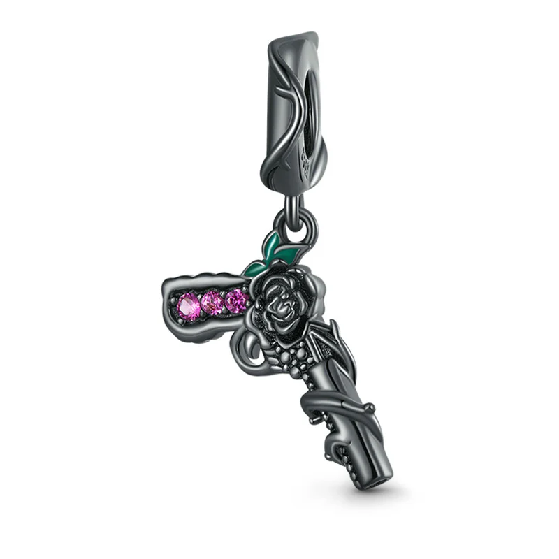 Gnoce Black Rose Pistol Gun Pendant Dangle Charm