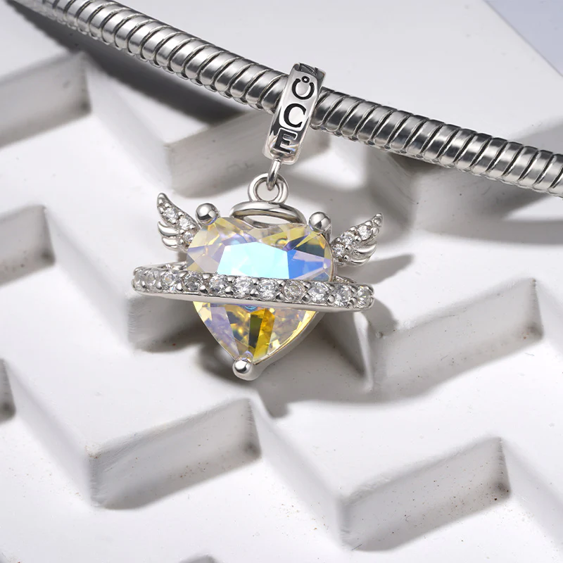 Gnoce Sparkling Angel Wings With Planet Heart Pendant Dangle Charm - Image 3