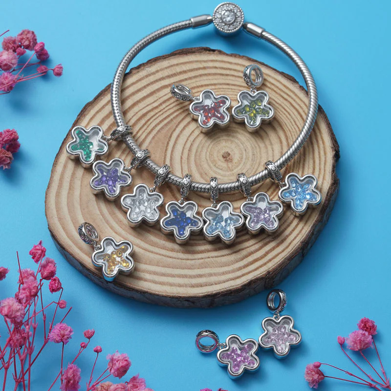 Gnoce Plum Blossom Birthstone Charm Platinum-plated Silver Blend - Image 5