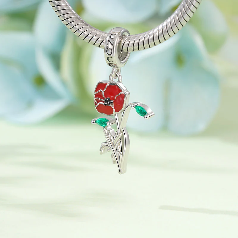 Gnoce Red Poppy Flower Charm Platinum-plated Silver Blend - Image 3