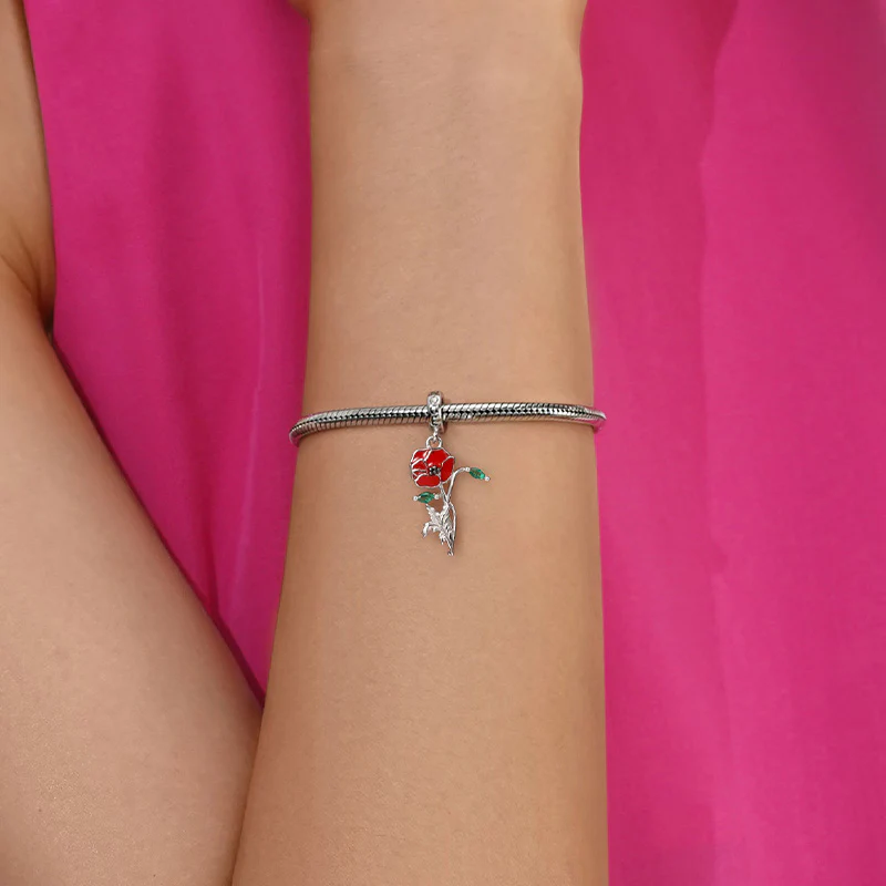 Gnoce Red Poppy Flower Charm Platinum-plated Silver Blend - Image 5