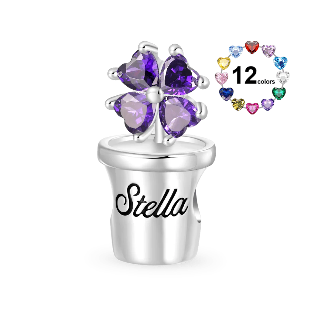 Gnoce Engravable Flower Birthstone Four-leaf Clover Charm Platinum-plated Silver Blend