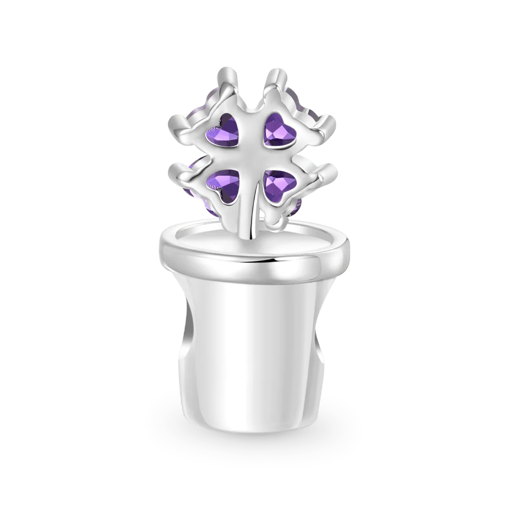Gnoce Engravable Flower Birthstone Four-leaf Clover Charm Platinum-plated Silver Blend - Image 3