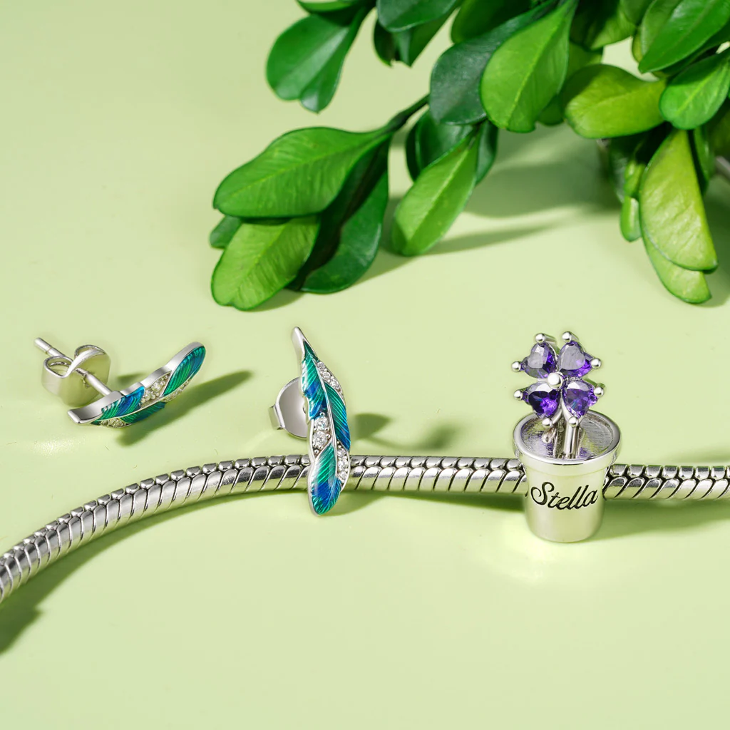 Gnoce Engravable Flower Birthstone Four-leaf Clover Charm Platinum-plated Silver Blend - Image 4