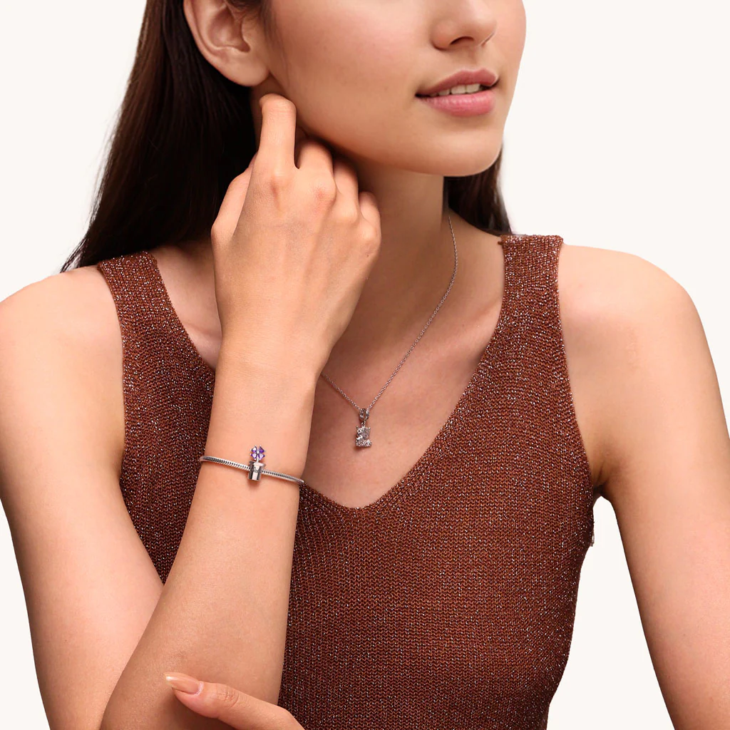 Gnoce Engravable Flower Birthstone Four-leaf Clover Charm Platinum-plated Silver Blend - Image 5