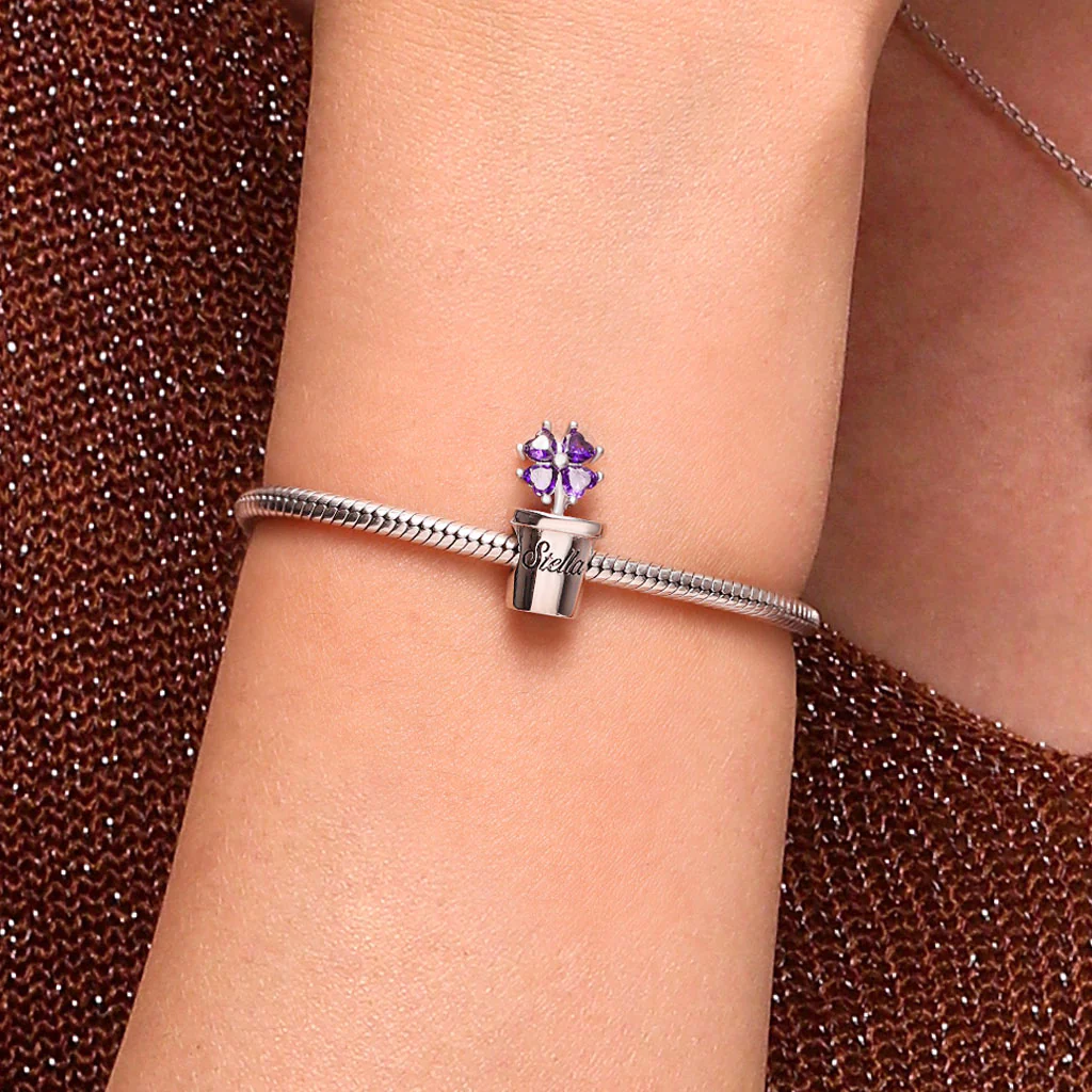 Gnoce Engravable Flower Birthstone Four-leaf Clover Charm Platinum-plated Silver Blend - Image 6
