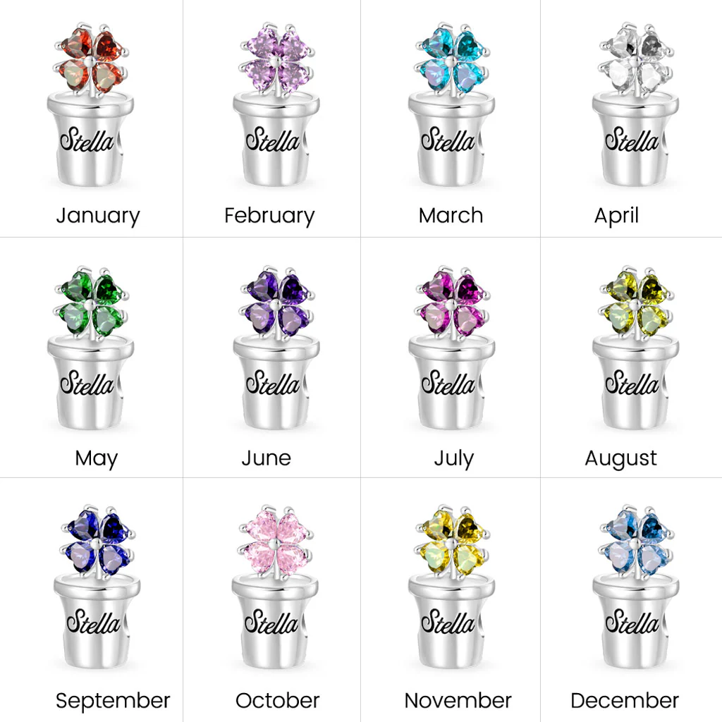 Gnoce Engravable Flower Birthstone Four-leaf Clover Charm Platinum-plated Silver Blend - Image 7