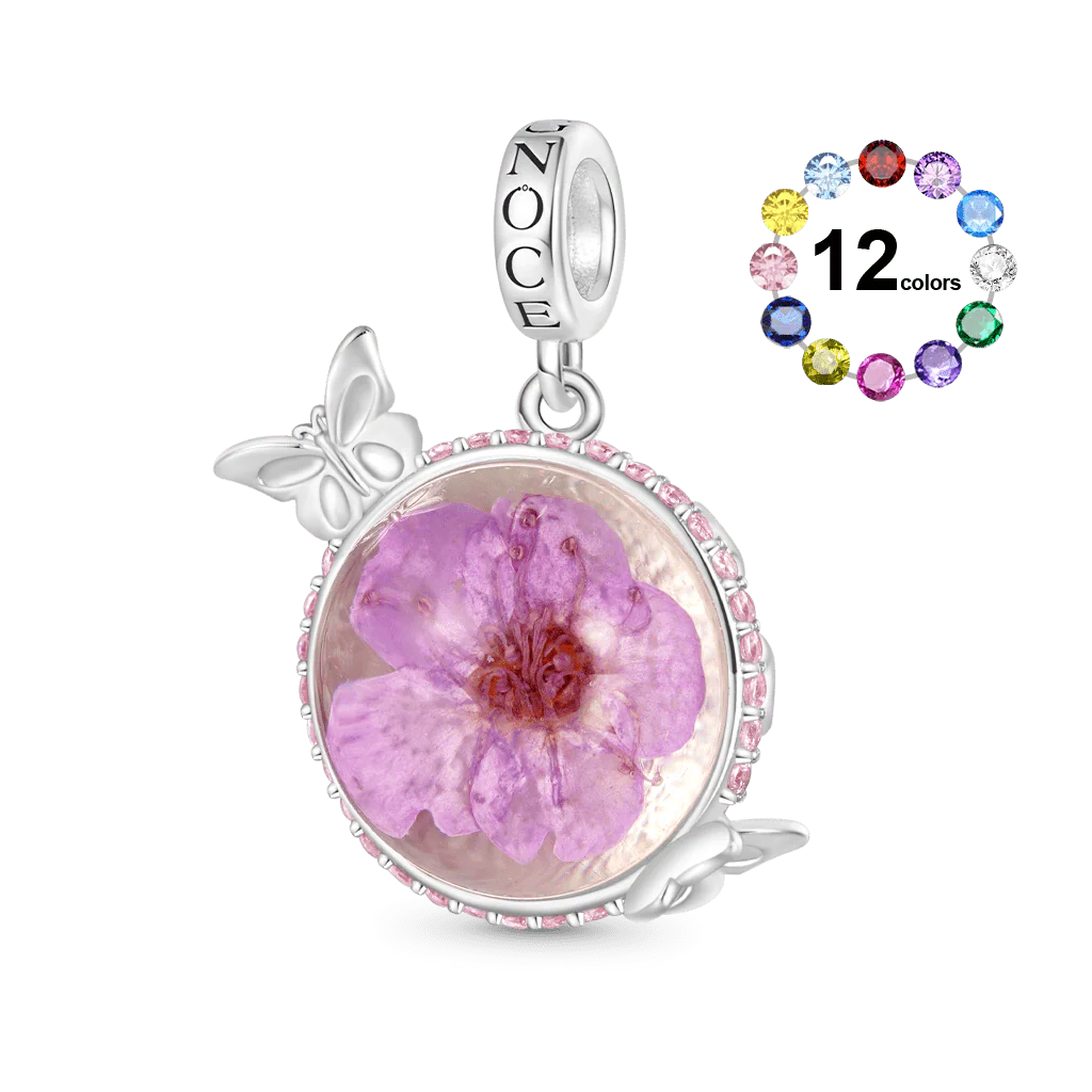 Gnoce Engravable Flower Butterfly Birthstone Charm Platinum-plated Silver Blend