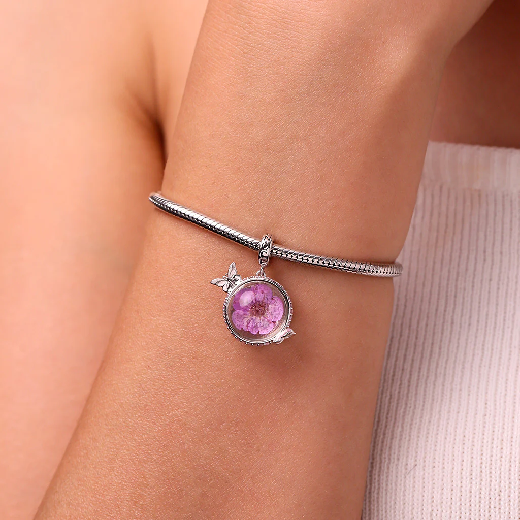 Gnoce Engravable Flower Butterfly Birthstone Charm Platinum-plated Silver Blend - Image 6