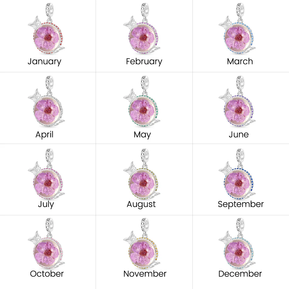 Gnoce Engravable Flower Butterfly Birthstone Charm Platinum-plated Silver Blend - Image 7