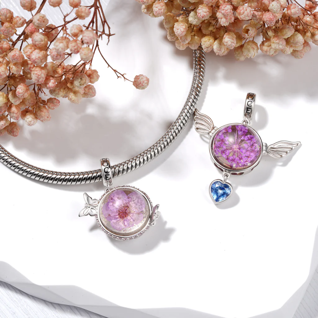 Gnoce Engravable Flower Wings Birthstone Charm Platinum-plated Silver Blend - Image 4