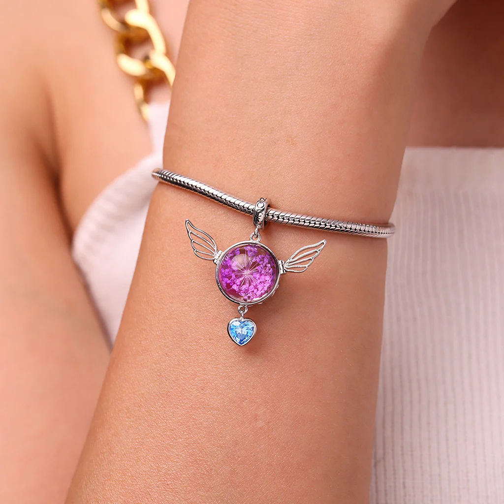 Gnoce Engravable Flower Wings Birthstone Charm Platinum-plated Silver Blend - Image 7