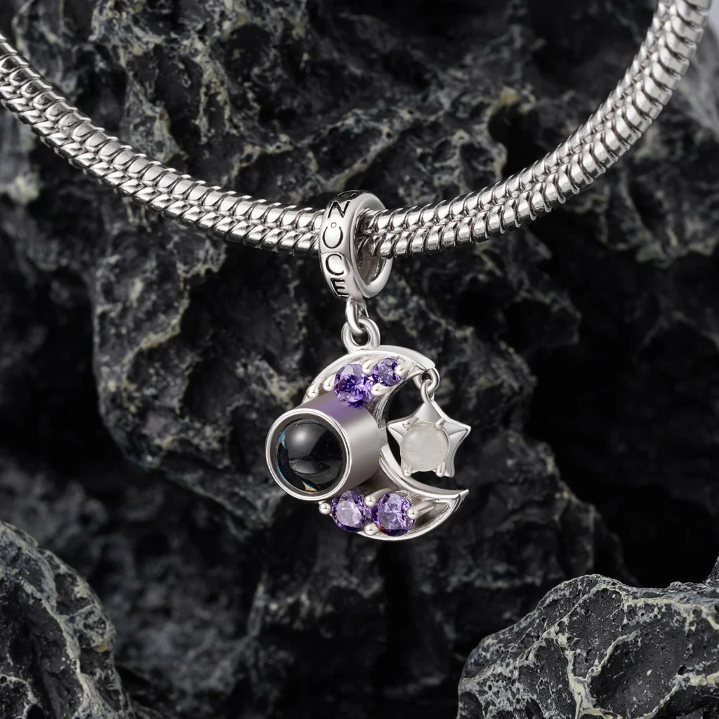 Gnoce Projection Moon & Star Engravable Charm Platinum-plated Silver Blend - Image 2