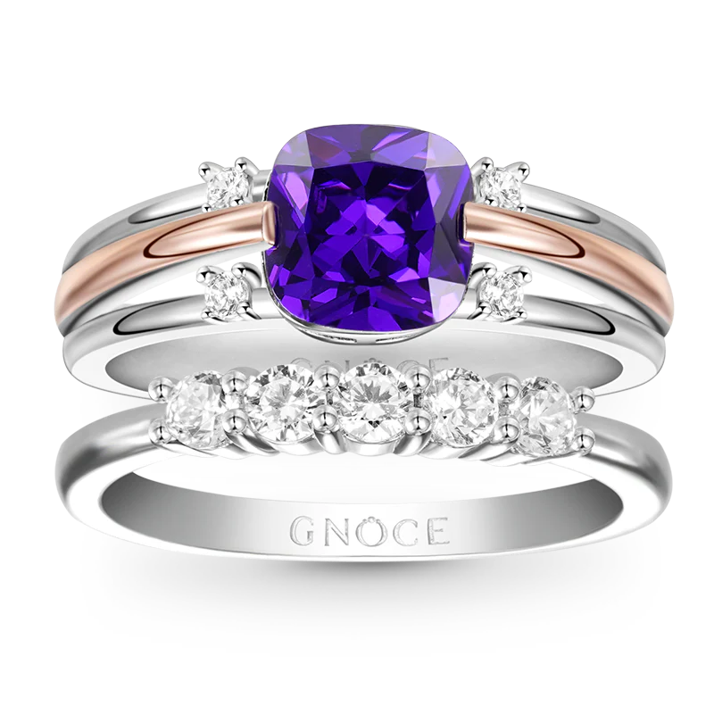 Gnoce Amethyst Princess Cut Stackable Ring Set Platinum-plated Silver Blend