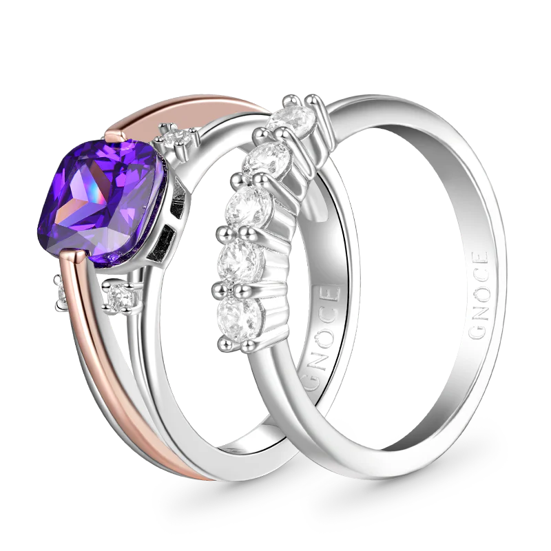 Gnoce Amethyst Princess Cut Stackable Ring Set Platinum-plated Silver Blend - Image 2