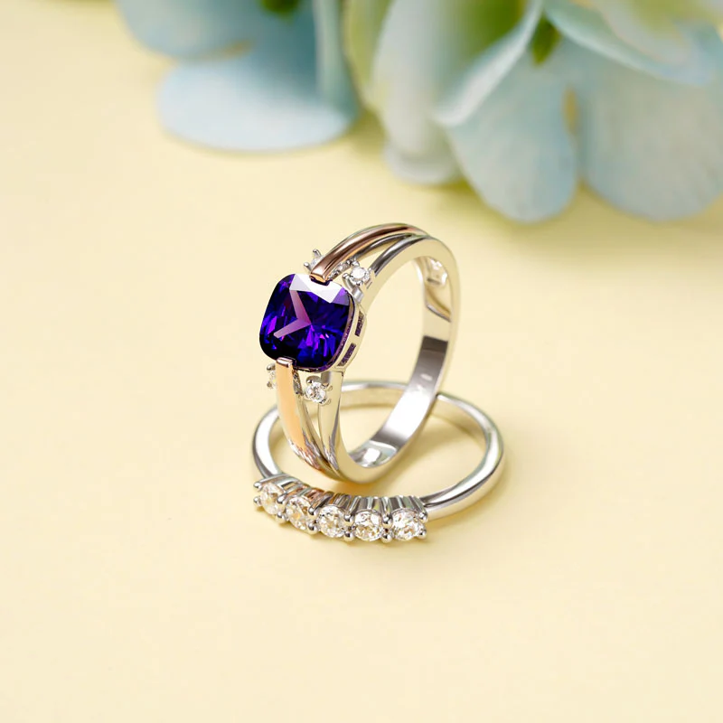 Gnoce Amethyst Princess Cut Stackable Ring Set Platinum-plated Silver Blend - Image 3