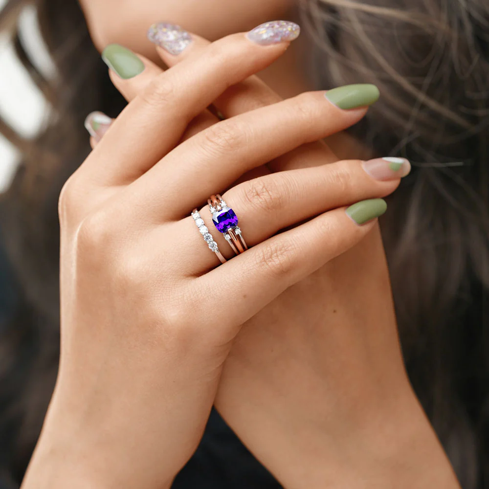 Gnoce Amethyst Princess Cut Stackable Ring Set Platinum-plated Silver Blend - Image 4