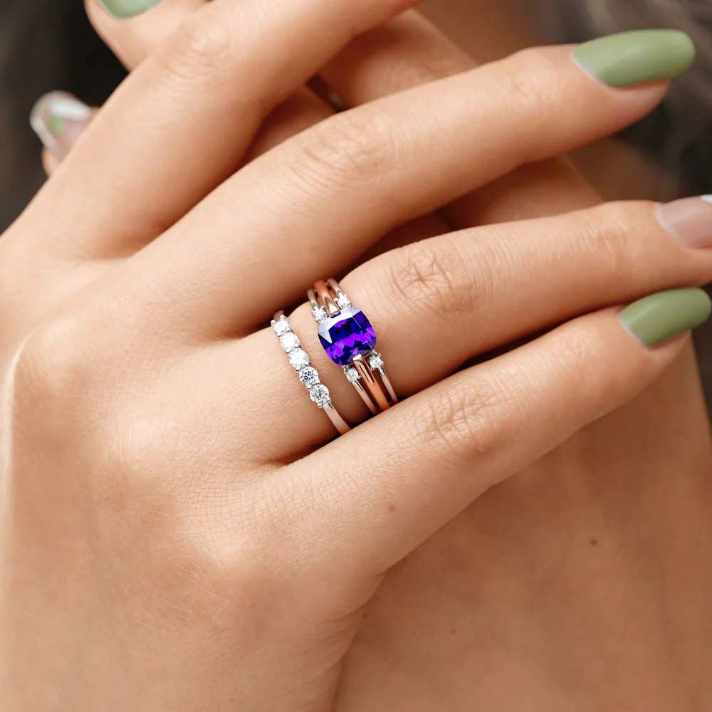 Gnoce Amethyst Princess Cut Stackable Ring Set Platinum-plated Silver Blend - Image 5