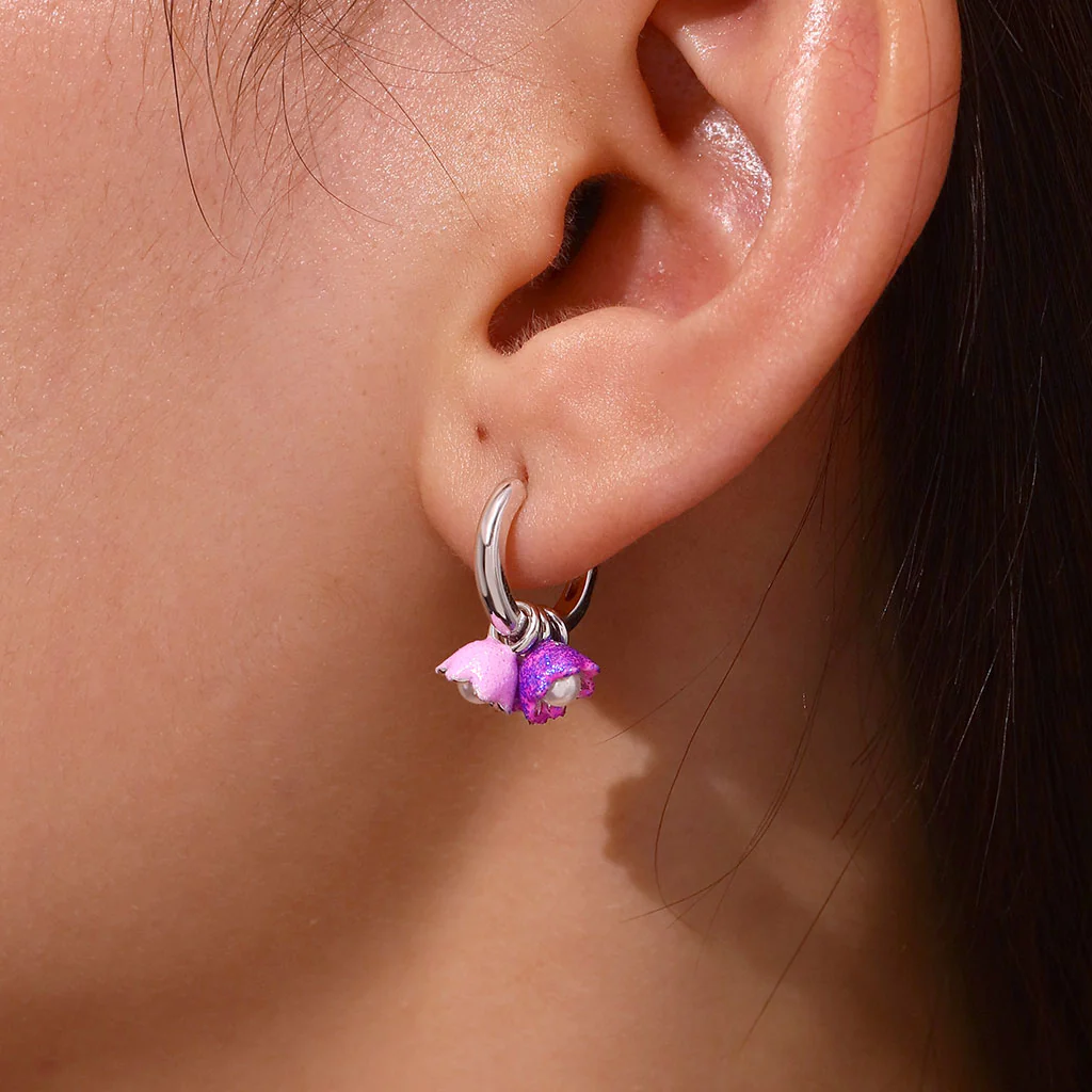 Gnoce Purple Tulip Pearl Stamen Hoop Earrings Platinum-plated Silver Blend - Image 5