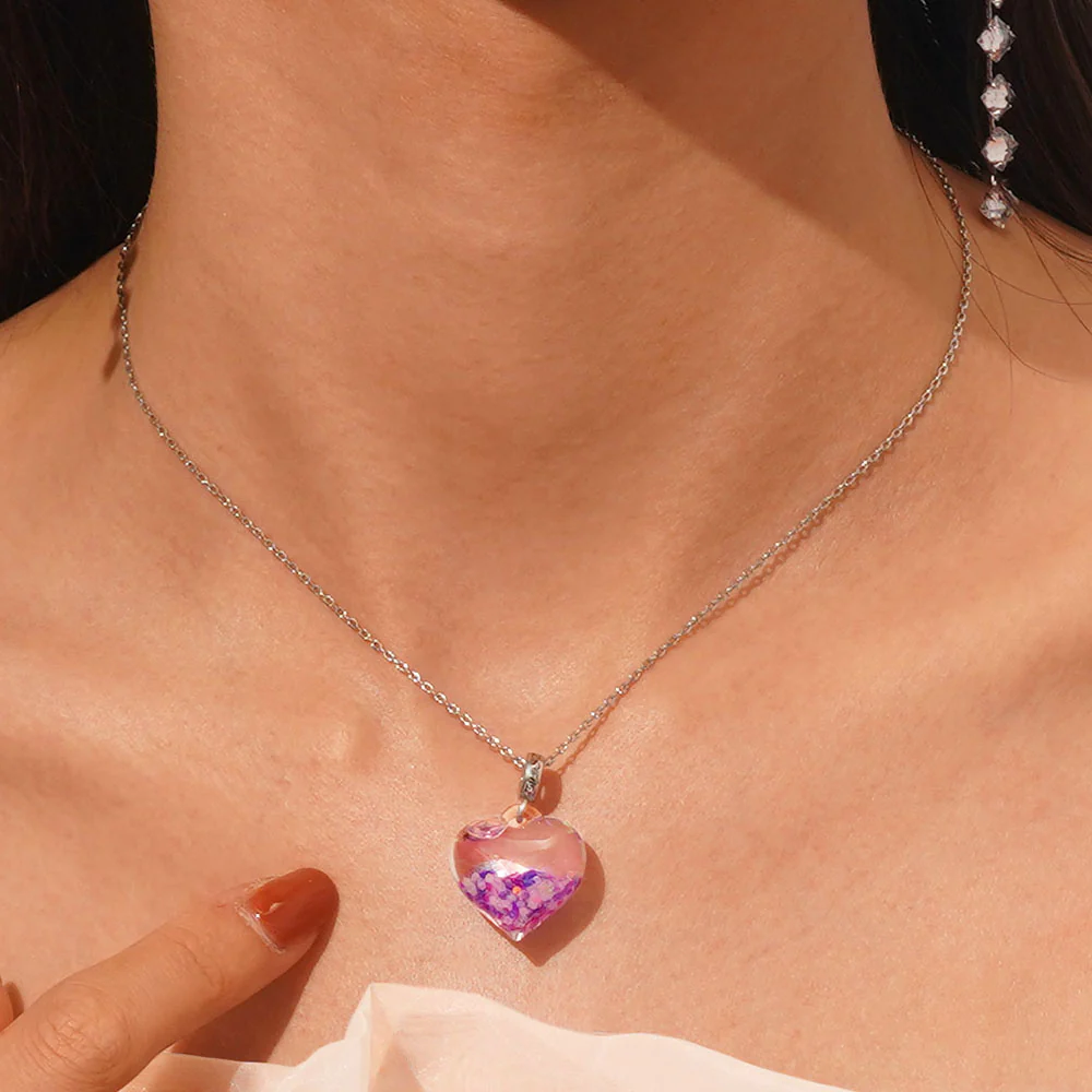 Gnoce Purple Liquid Glitter Heart Necklace Platinum-plated Silver Blend - Image 5