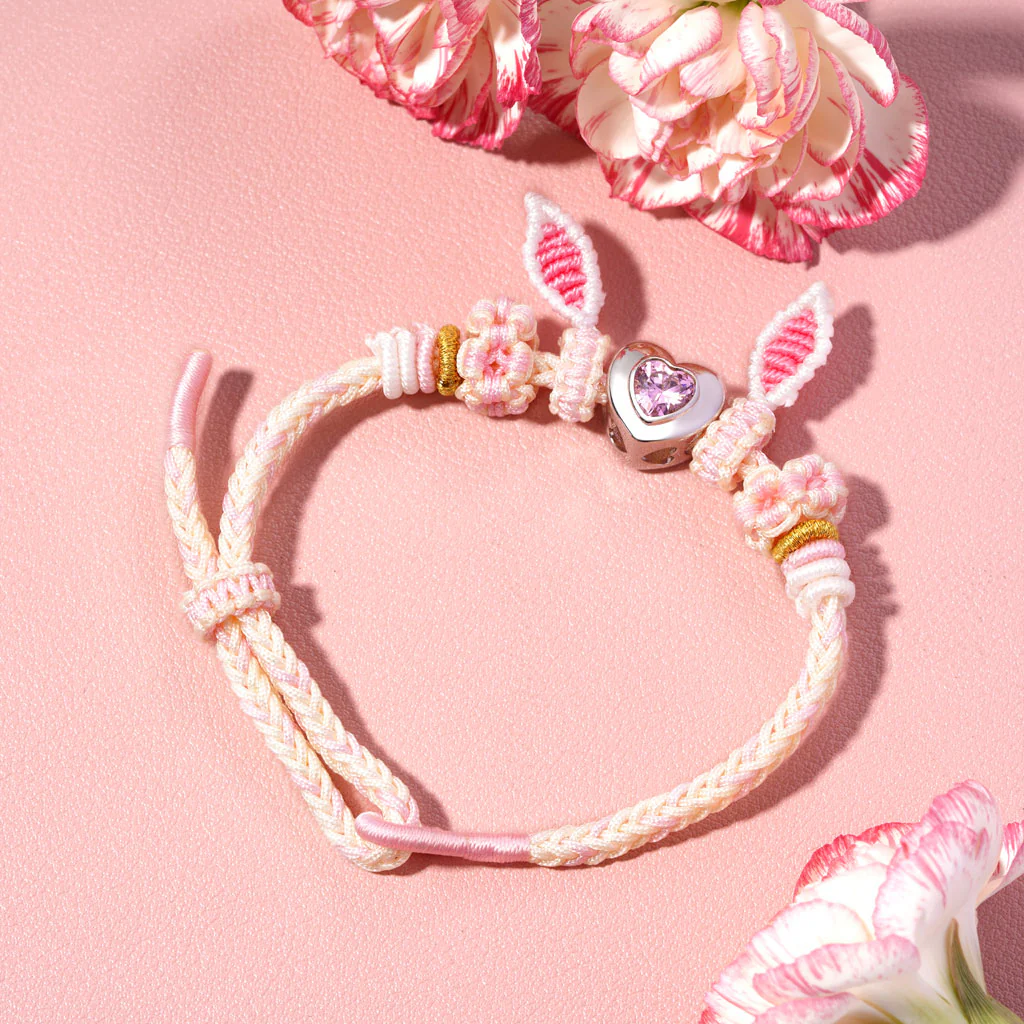 Gnoce Rabbit Ears Detachable Hand-woven Bracelet with Heart Birthstone Charm - Image 3