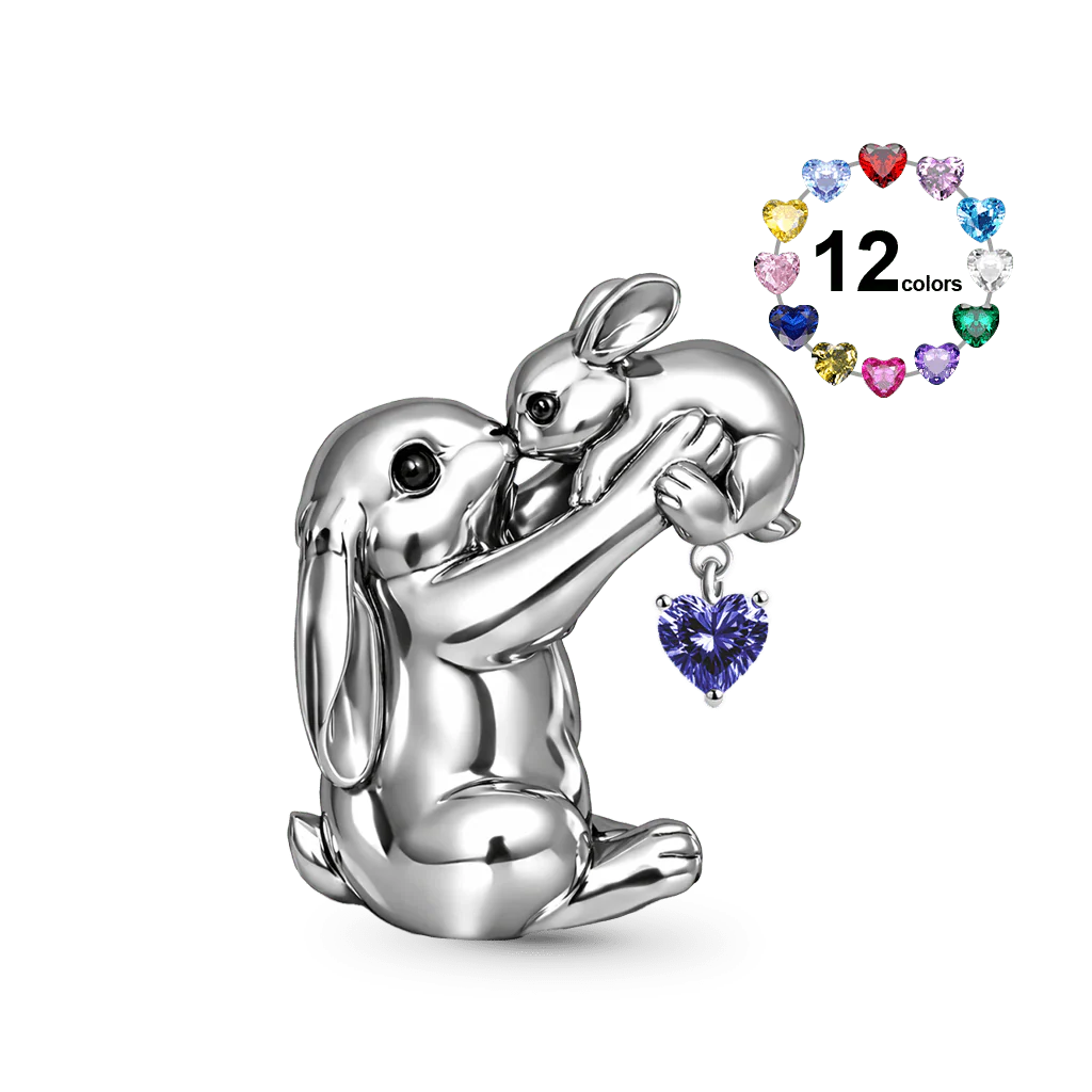 Gnoce Rabbit Mother & Baby Birthstone Charm Platinum-plated Silver Blend